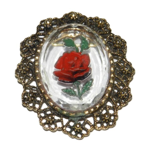 Vintage Intaglio Crystal Glass Reverse Engraved Rose Floral Brooch Pendant - Picture 6 of 7